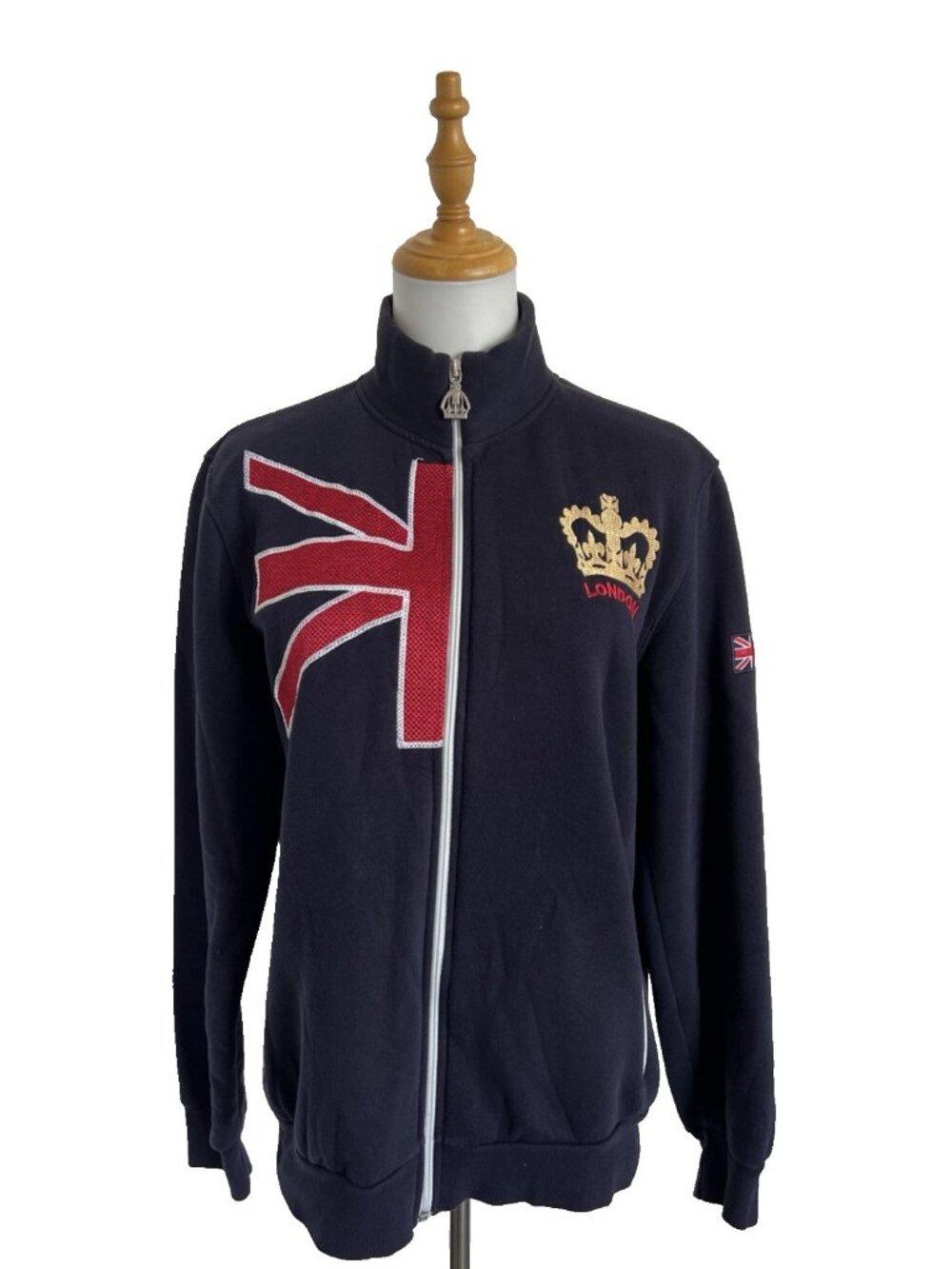LONDON Jacket Size XL Union Jack Crown Navy Blue Embroidered UK Flag Zippered